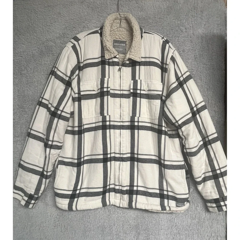 Hollister Jacket Men's XL Sherpa Lined Shacket Black & Cream Plaid Flannel‎